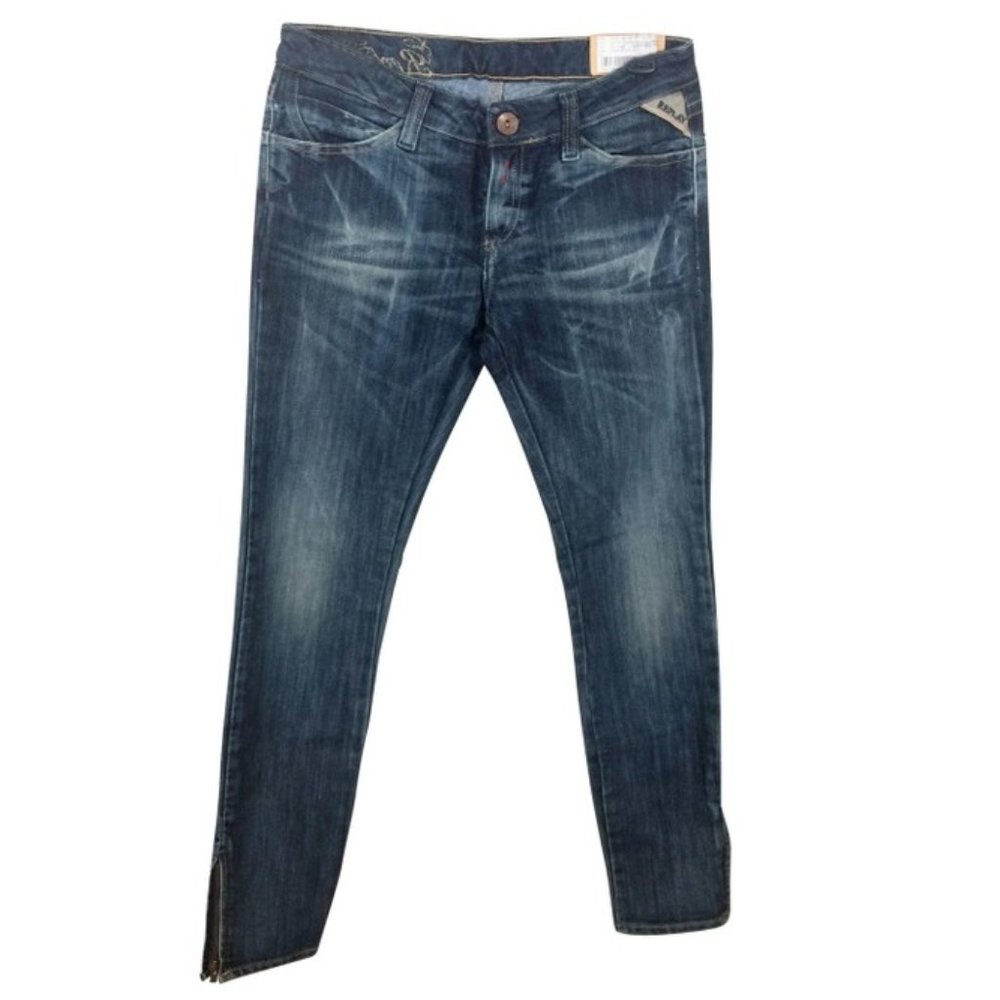 NEW Replay women's ankle zip crushed denim jeans NWD broken zipper 28x29 28x28